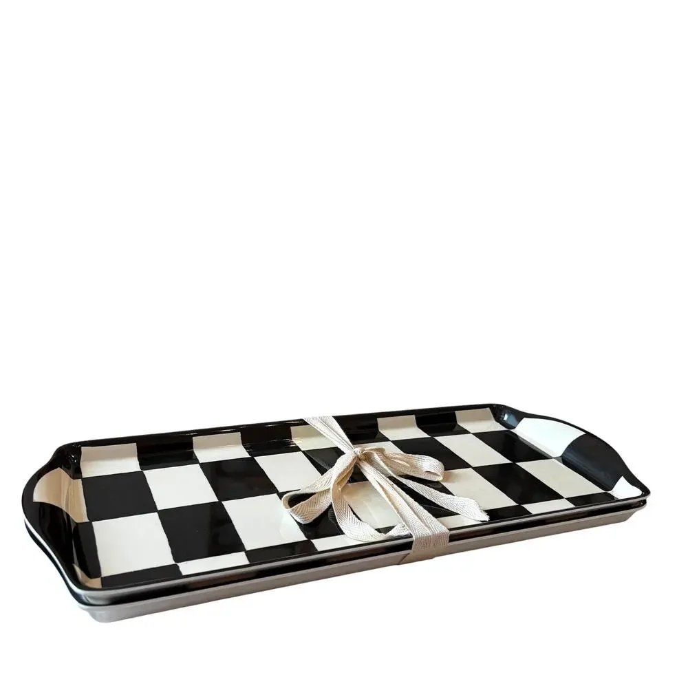 2pc Black & White Checkered Melamine Serving Trays 15x6.5 Mackenzie Style New
